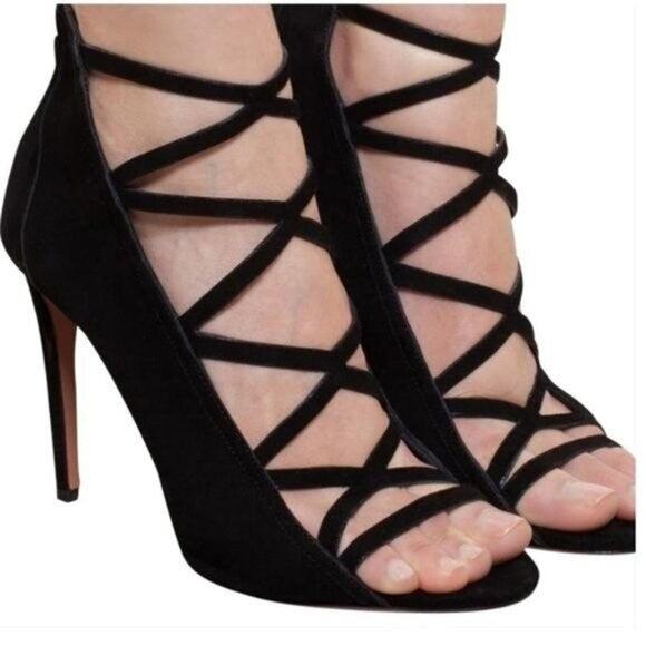 Aquazzura Electric Suede Cage Heel Sandals - Eu 37 Us 7 Black - Picture 1 of 4